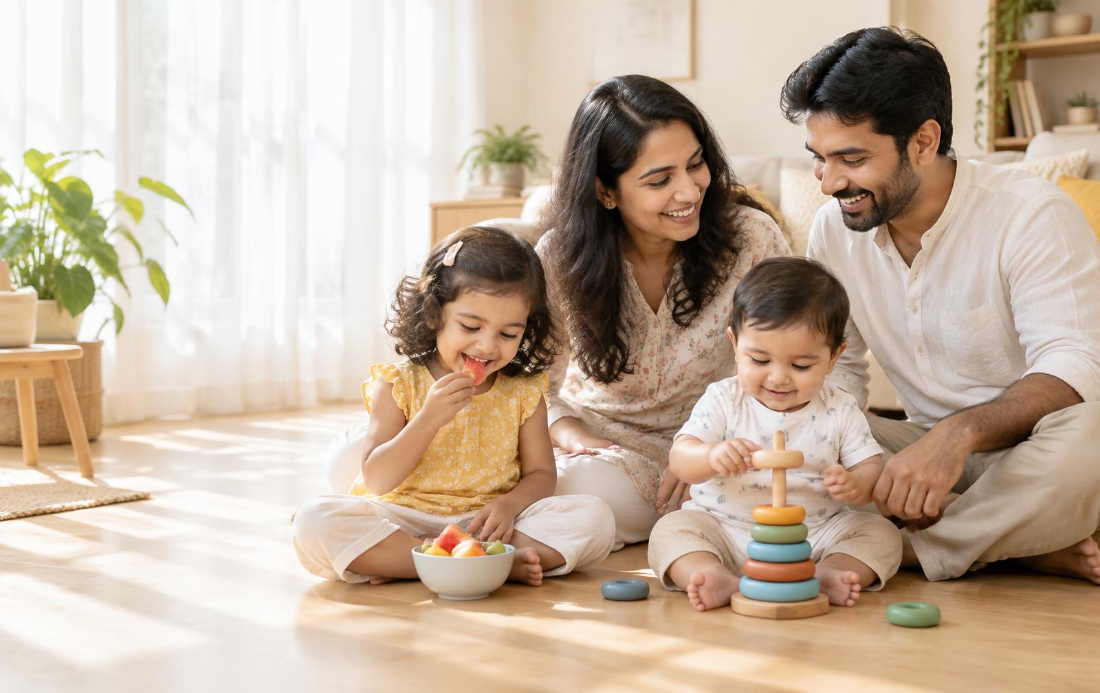 Parents sitting on the floor watching their baby play while their toddler eats fruit